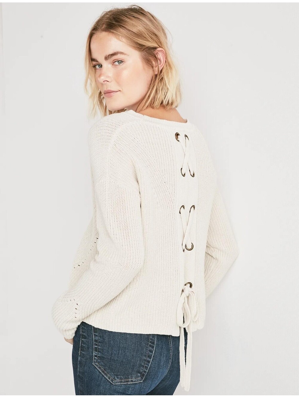 Lucky Brand Back Lace Pullover Sweater White Women's S/P Grommet Detail Boho